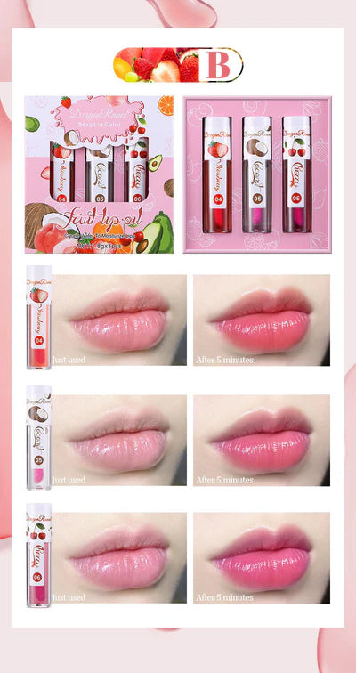 Dragon Ranee 3Pcs/Set Natural Fruit Moisturizing Long Lasting Nourishing Lip Oil Reduces Fine Lines and Relieves Dryness Lip OIL 1.8g x 3 ( B ) DR63A