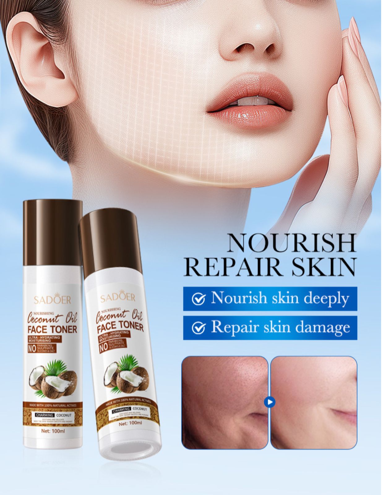 Sadoer Coconut Oil Ultra Hydrating Rejuvenation No Parabens No Sulphate No Silicone & Salt Face Toner