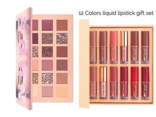 2 In 1 Nude Deal 12 Pcs Matte Lipgloss Set + Nude Palette 18 Colors