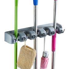 Multipurpose Wall Mounted Mop Holder Hanging Broom Holder Stand 5 Positions with 6 Hooks