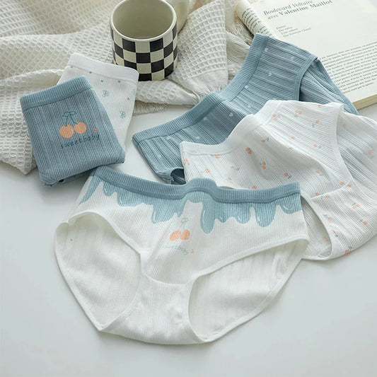 Pack Of 5 Pure Cotton Seamless Girls' Briefs Color Block Cheery Print Briefs, Cute Comfy Breathable Stretchy Underwear For Girls And Women's CS06