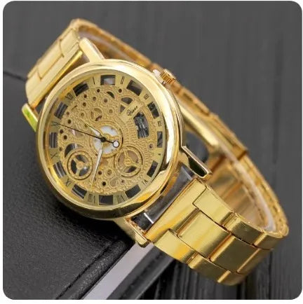 Creative Design Imitation Mechanical Watch Men Hollow Out Watches Gold Skeleton Quartz Wristwatches Male Clock Reloj Hombre