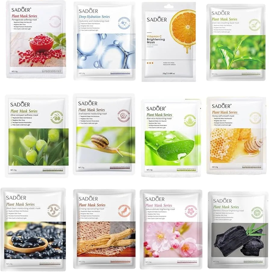 Pack of 10 Fruit Plant Extract Moisturizing Brighten Facial Sheet MaskS Hydrating, Radiance Boost, Calming, Skin Care Sheet Masks