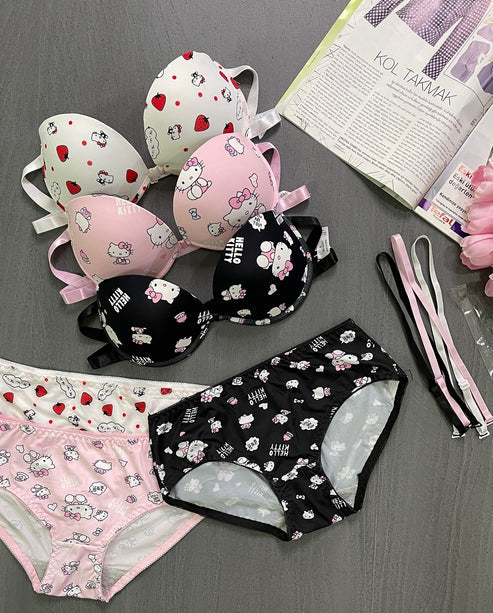 High Quality Front Open 4 In 1 Push-up Hello Kitty Print Adjustable Straps Bra Panty Set 016