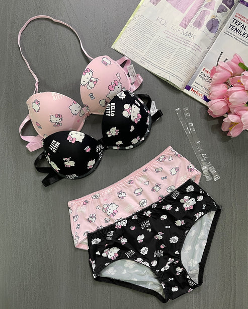 High Quality Front Open 4 In 1 Push-up Hello Kitty Print Adjustable Straps Bra Panty Set 016