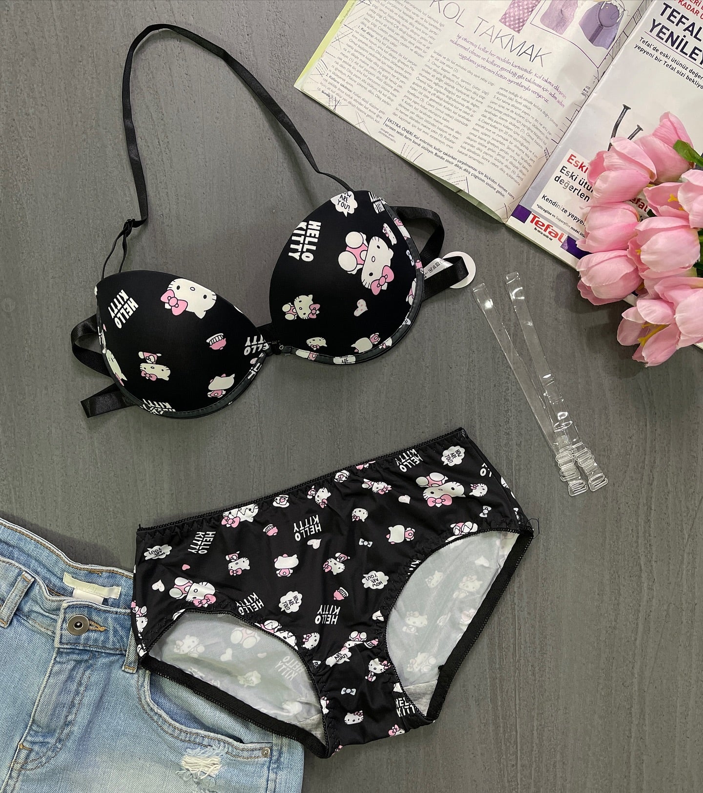 High Quality Front Open 4 In 1 Push-up Hello Kitty Print Adjustable Straps Bra Panty Set 016