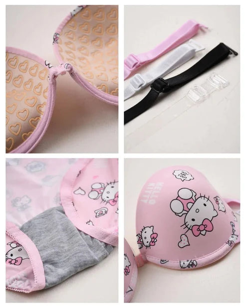 High Quality Front Open 4 In 1 Push-up Hello Kitty Print Adjustable Straps Bra Panty Set 016