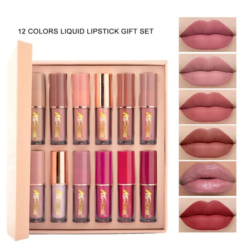 PACK OF 4 DEAL 12 PCS 2 Colors Matte Liquid Lipstick Set,1 Piece Sponge Blender,Nude Eyeshadow Palette