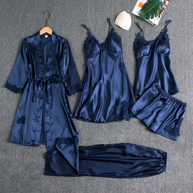 5 pcs Non Padded Silk Satin Pajama Set Cami Top Nightgown Sexy Sleepwear Robe Sets Lace Nightdress