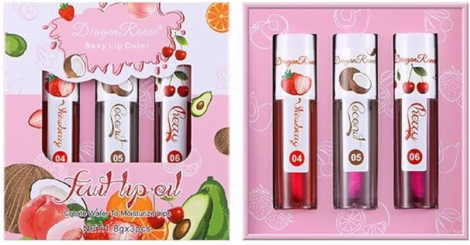 Dragon Ranee 3Pcs/Set Natural Fruit Moisturizing Long Lasting Nourishing Lip Oil Reduces Fine Lines and Relieves Dryness Lip OIL 1.8g x 3 ( B ) DR63A