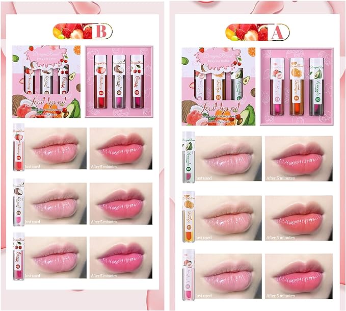 Dragon Ranee 3Pcs/Set Natural Fruit Moisturizing Long Lasting Nourishing Lip Oil Reduces Fine Lines and Relieves Dryness Lip OIL 1.8g x 3 ( B ) DR63A