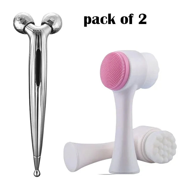 2 in 1 Face Skin Care Tool Set 3D Face Roller For Face Tightening & Lifting Double-sided Face Cleansing Brush For Pore Cleaning Exfoliating Blackhead Removal And Massage Gift For Women