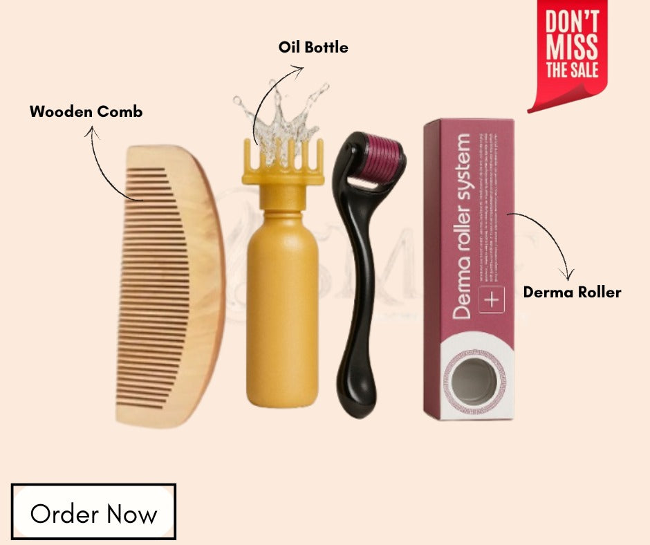 PACK OF 3 DEAL WOODEN COMB, DERMA ROLLER,OIL BOTLLE