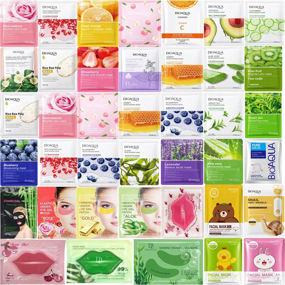 BIOAQUA Pack of 15 Moisturizing Facial Face Sheet Mask, Lip mask, Eye mask, Hydrating, Radiance Boost, , Moisturizing, Skin Care Sheet Mask
