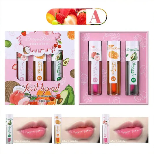 Dragon Ranee 3Pcs/Set Natural Fruit Moisturizing Long Lasting Nourishing Lip Oil Reduces Fine Lines and Relieves Dryness Lip OIL 1.8g x 3 ( B ) DR63A