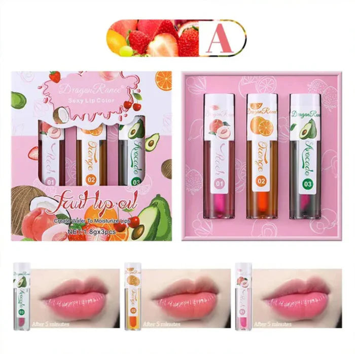 Dragon Ranee 3Pcs/Set Natural Fruit Moisturizing Long Lasting Nourishing Lip Oil Reduces Fine Lines and Relieves Dryness Lip OIL 1.8g x 3 ( B ) DR63A