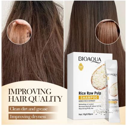 Bioaqua Pack Of 20pcs Rice Raw Pulp , Added Rice Extract Shampoo 10g Sachet For Girls and For Women BQY96520