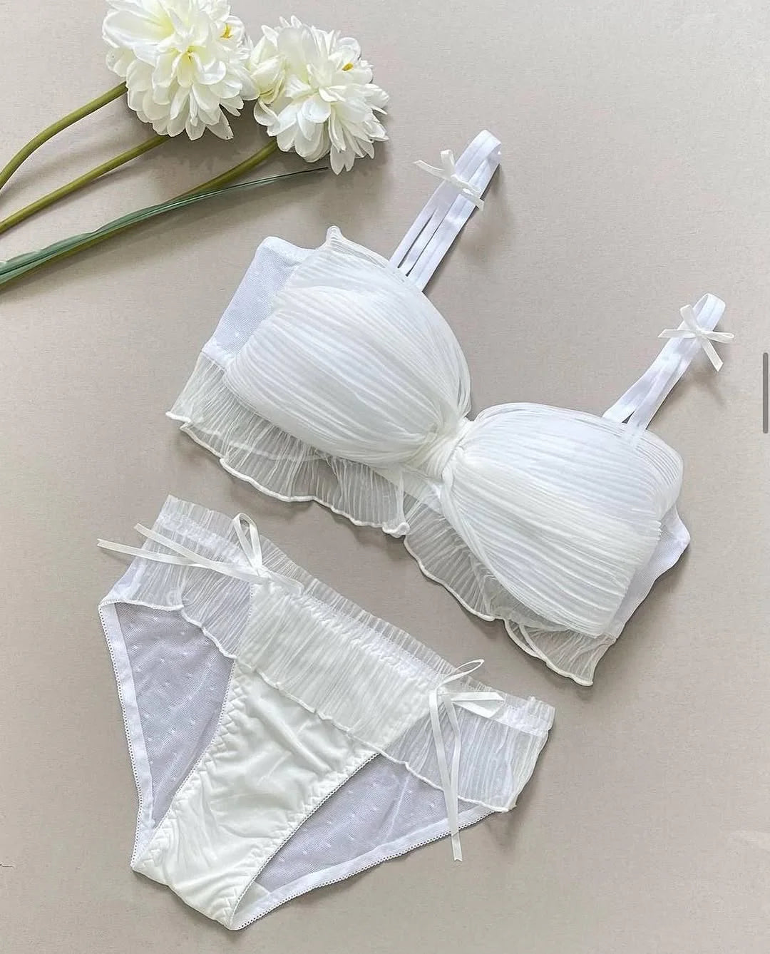 Cute Lace Bow Style Too Soft & Comfy Adjustable Straps Back Closure Bridal Padded Bra Panty Set