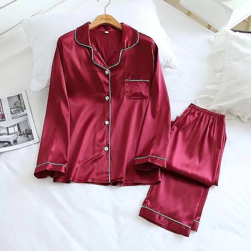 Plain Silk Front Button Open 3/4 Sleeve Night Dress For Girls - Silk Night Suit For Women Girls- Pjs For Women Two Piece Set