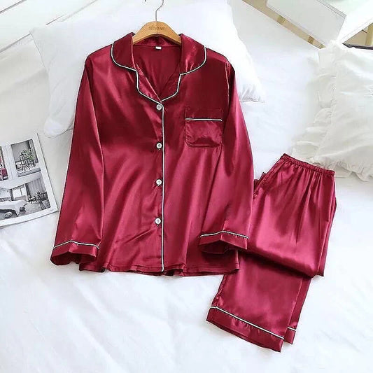 Plain Silk Front Button Open 3/4 Sleeve Night Dress For Girls - Silk Night Suit For Women Girls- Pjs For Women Two Piece Set