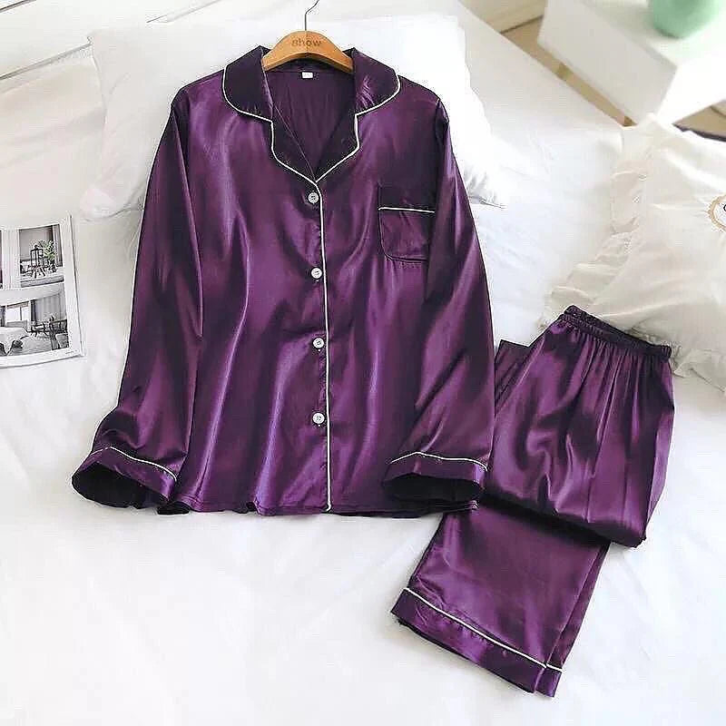 Plain Silk Front Button Open 3/4 Sleeve Night Dress For Girls - Silk Night Suit For Women Girls- Pjs For Women Two Piece Set
