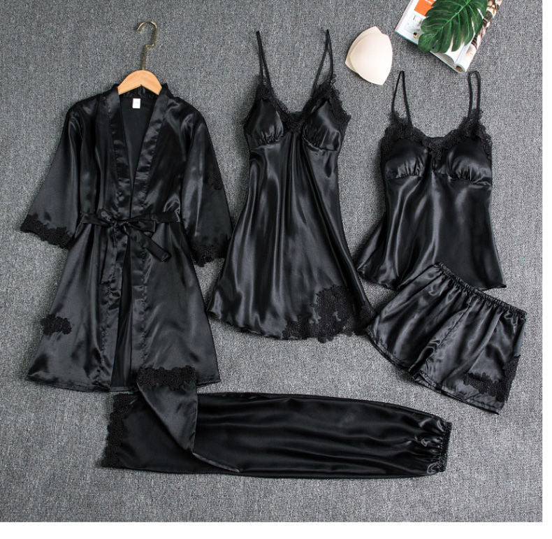 5 pcs Non Padded Silk Satin Pajama Set Cami Top Nightgown Sexy Sleepwear Robe Sets Lace Nightdress