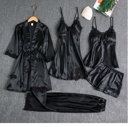 5 pcs Non Padded Silk Satin Pajama Set Cami Top Nightgown Sexy Sleepwear Robe Sets Lace Nightdress