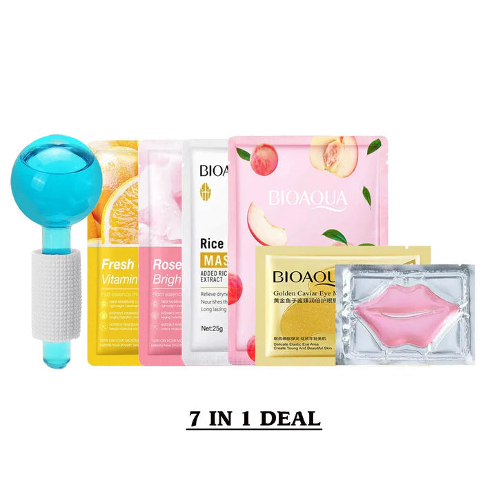 Ice Cool Roller Ball Face lifting Relaxation Massage + 4pcs Face Mask Sheets + 1pcs Lip Mask + 1 pair Eye Patches