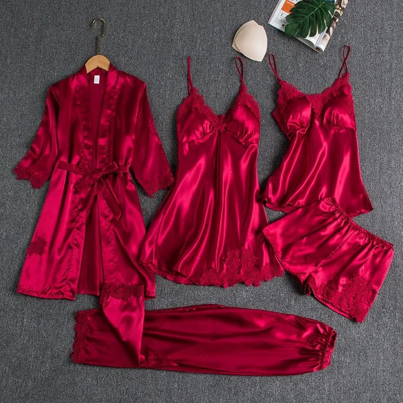 5 pcs Non Padded Silk Satin Pajama Set Cami Top Nightgown Sexy Sleepwear Robe Sets Lace Nightdress
