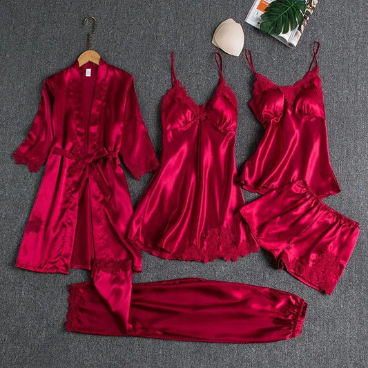 5 pcs Non Padded Silk Satin Pajama Set Cami Top Nightgown Sexy Sleepwear Robe Sets Lace Nightdress