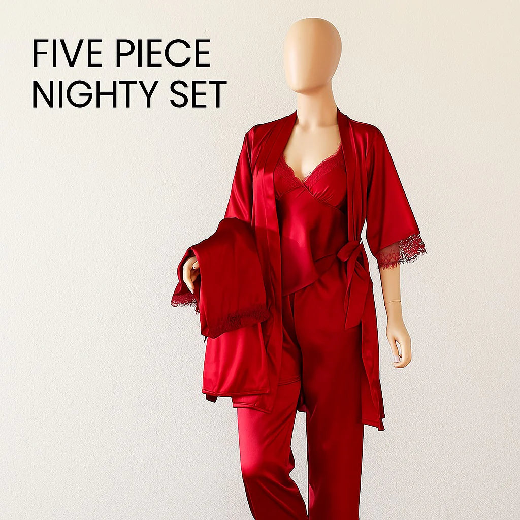 5 pcs Non Padded Silk Satin Pajama Set Cami Top Nightgown Sexy Sleepwear Robe Sets Lace Nightdress