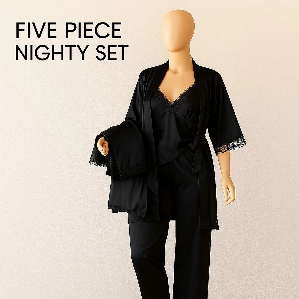 5 pcs Non Padded Silk Satin Pajama Set Cami Top Nightgown Sexy Sleepwear Robe Sets Lace Nightdress