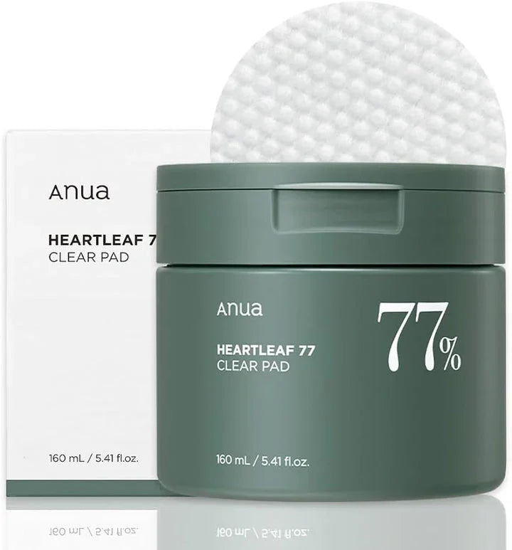 Anua Heartleaf 77% Clear Pad, a skincare product designed to exfoliate and hydrate the skin.