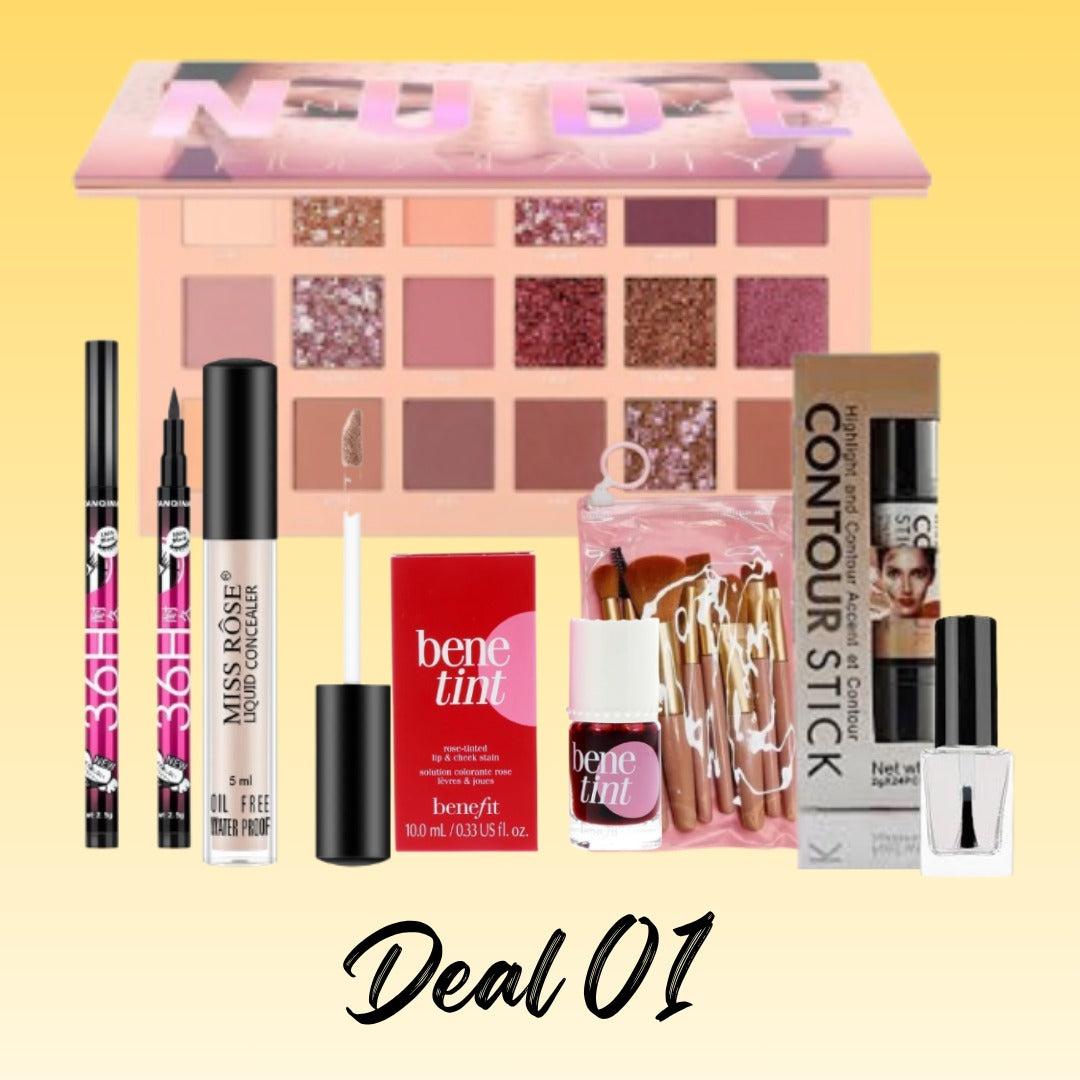 deals 1 ,MISS ROSE Concealer , Purely Natural Foundation And Blender Matte Liquid Nail Polish,Beauty Highlighter and Contour Stick Highlighter,8 Piece Make Up Brushes Kit With Pouch,8 Piece Make Up Brushes Kit With Pouch Kit With Pouch