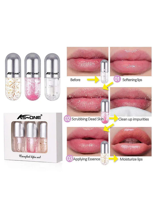 New Lip Care 3-step Set, Including Lip Scrub, Moisturizing Lip Gloss And Lip Balm For Girls and For Women