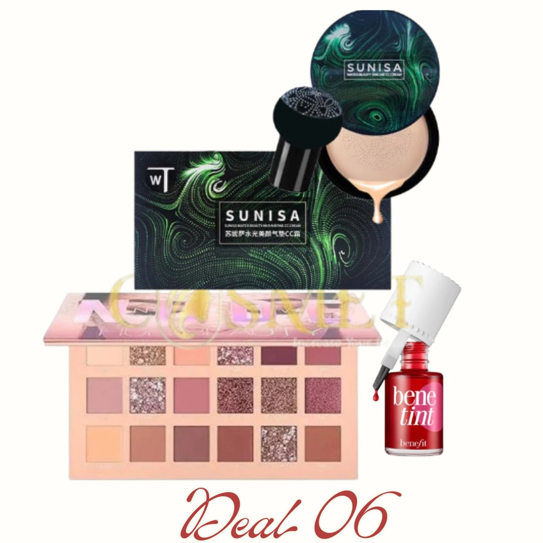 "Makeup Combo featuring Sunisa Air Cushion Foundation, Eyeshadow Palette, and Benefit Bene Tint".