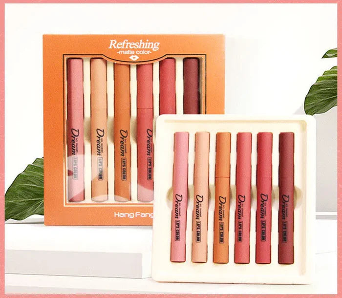 HENG FANG Set OF 6 - Waterproof Matte Color Makeup Lipsticks.