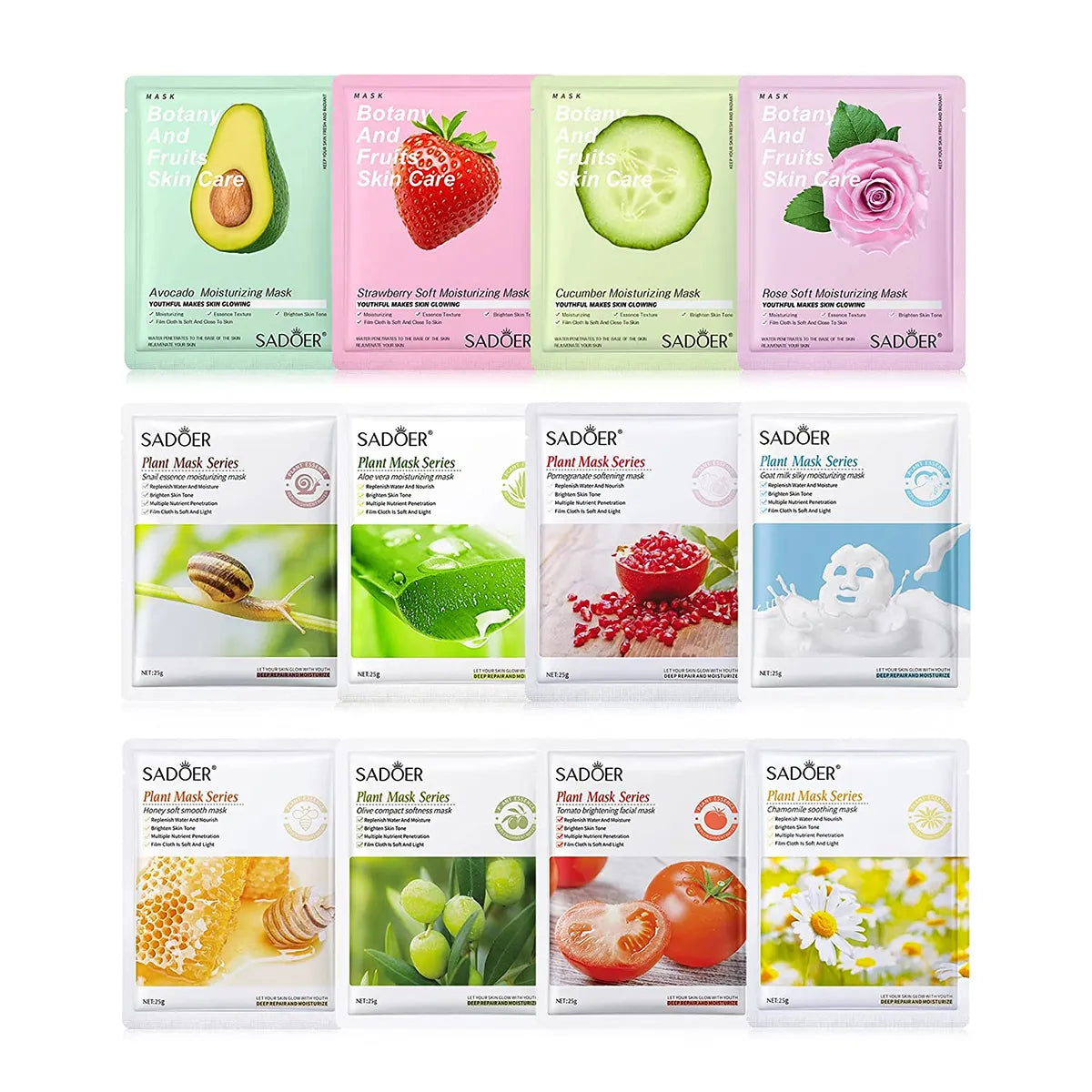 Pack of 10 Fruit Plant Extract Moisturizing Brighten Facial Sheet MaskS Hydrating, Radiance Boost, Calming, Skin Care Sheet Masks