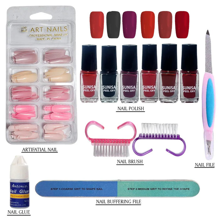 Pack Of 06 Nails Deal Artifical Nails And Nail Polish Nial File & Nail Brush Nial Glue & Nails buffering File