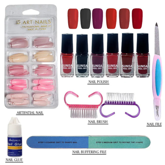 Pack Of 06 Nails Deal Artifical Nails And Nail Polish Nial File & Nail Brush Nial Glue & Nails buffering File