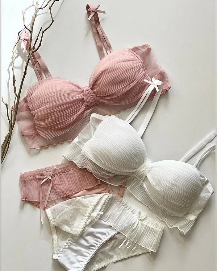 Cute Lace Bow Style Too Soft & Comfy Adjustable Straps Back Closure Bridal Padded Bra Panty Set