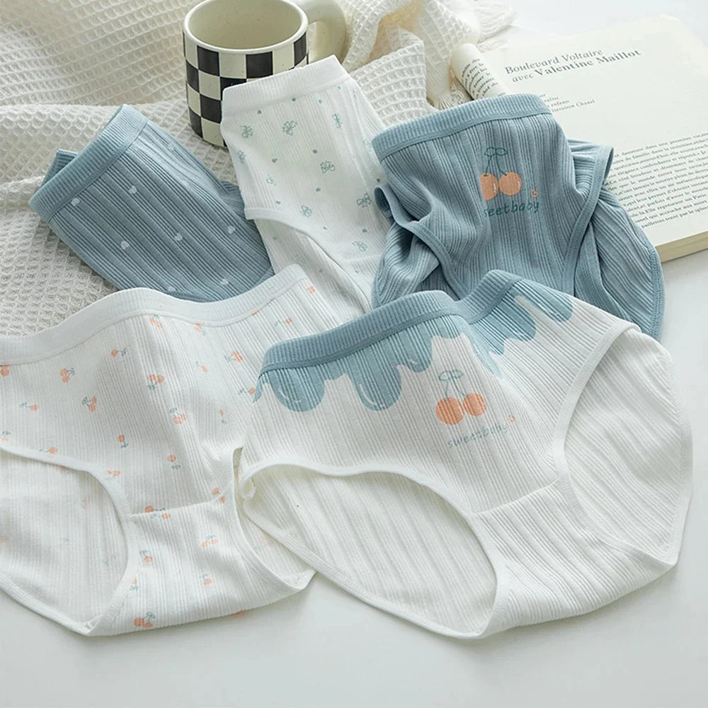 Pack Of 5 Pure Cotton Seamless Girls' Briefs Color Block Cheery Print Briefs, Cute Comfy Breathable Stretchy Underwear For Girls And Women's CS06