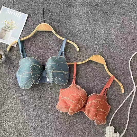 High Quality Cute Butterfly Embroidered Adjustable Straps Full Back Support Bra & Panty Set 8806