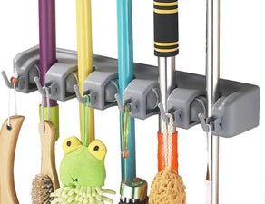 Multipurpose Wall Mounted Mop Holder Hanging Broom Holder Stand 5 Positions with 6 Hooks